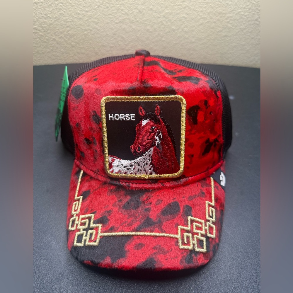 Goorin Bros Horse Trucker Hat Red Cowhide Print Gold Embroidered Snapback NWT